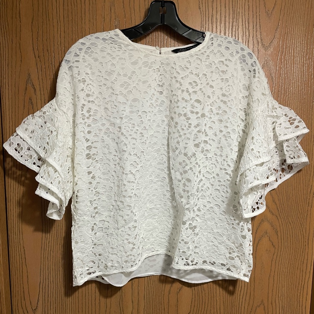 Zara Lace Blouse in White with Ruffle Flutter Sleeves